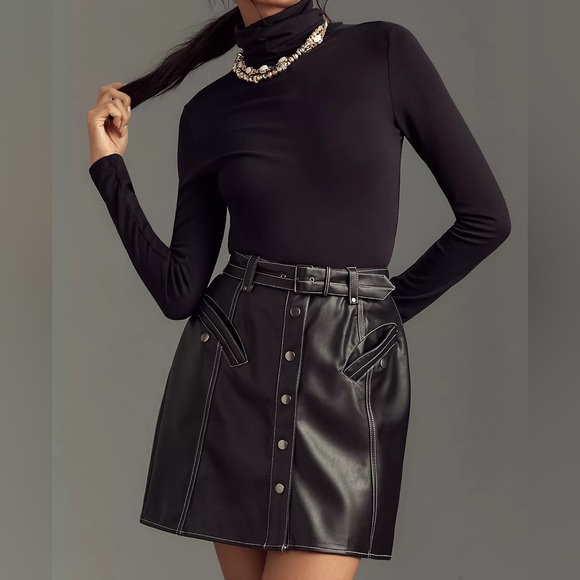 Anthropologie Dresses & Skirts - NWT Anthropologie Maeve Faux-Leather Button-Front Belted Mini Skirt size 8